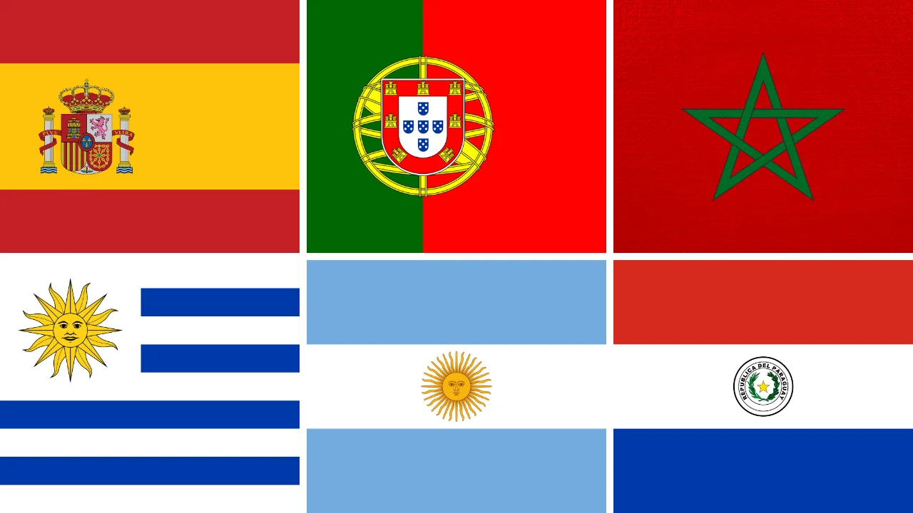 Bandeiras dos seis países-sede da Copa do Mundo de 2030: Espanha, Portugal, Marrocos, Uruguai, Argentina e Paraguai