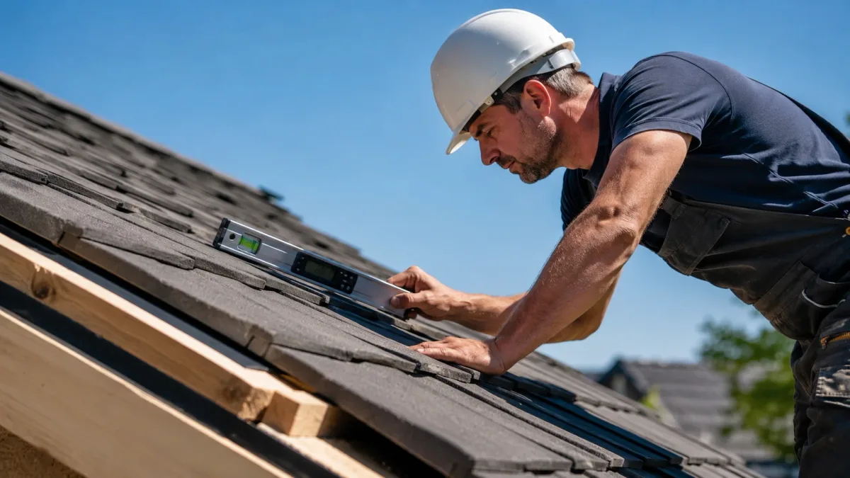 Trabalhadores instalando telhas em telhado de nova construção