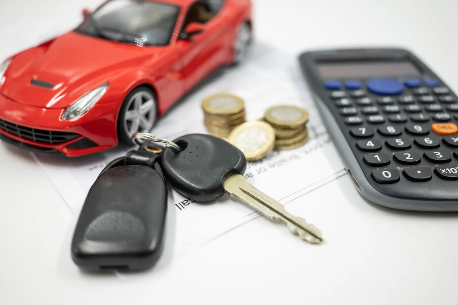 A model car, keys, coins and a calculator on a printed sheet of paper