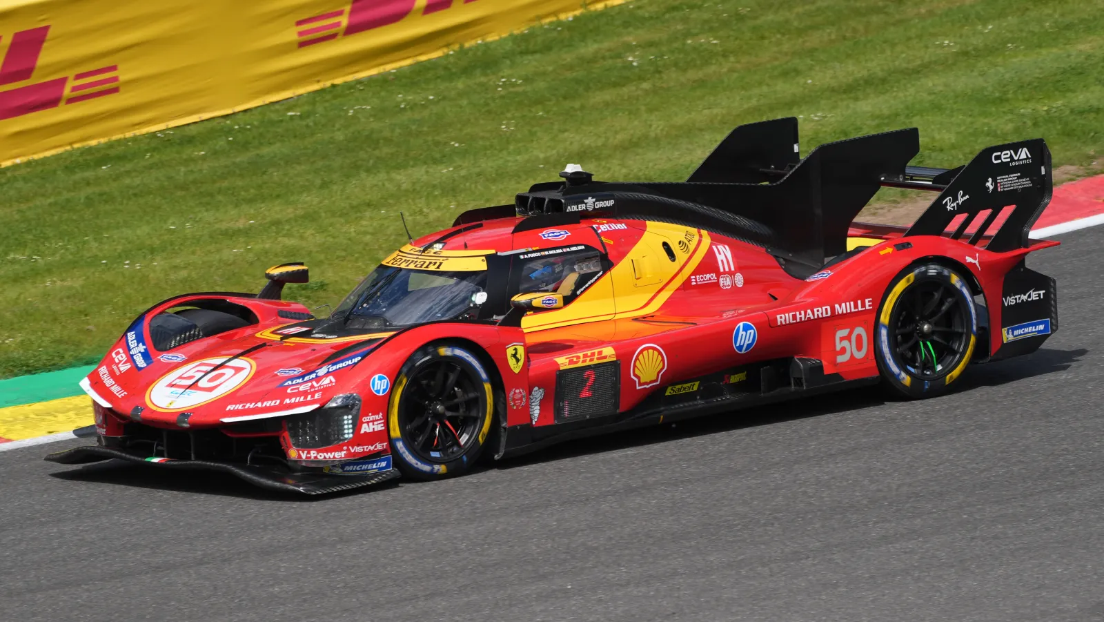 Number 50 Ferrari 499P in red and yellow AF Corse livery at Spa-Francorchamps
