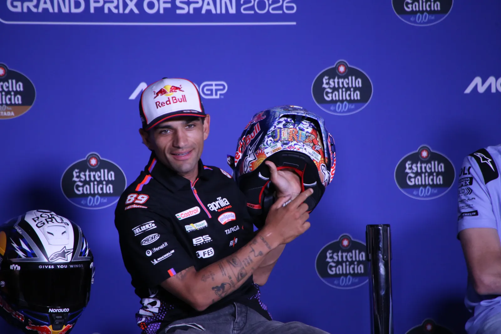 Jorge Martin in Aprilia team kit at the 2026 Grand Prix of Spain press conference